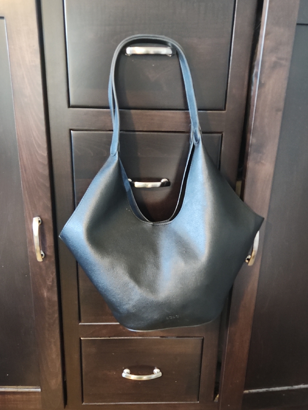 BCBG Black Pebbled Vegan Leather Bucket Tote Bag